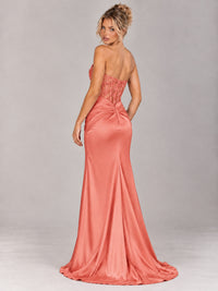 Strapless Satin Prom Dress with Sheer Lace Corset & High Slit