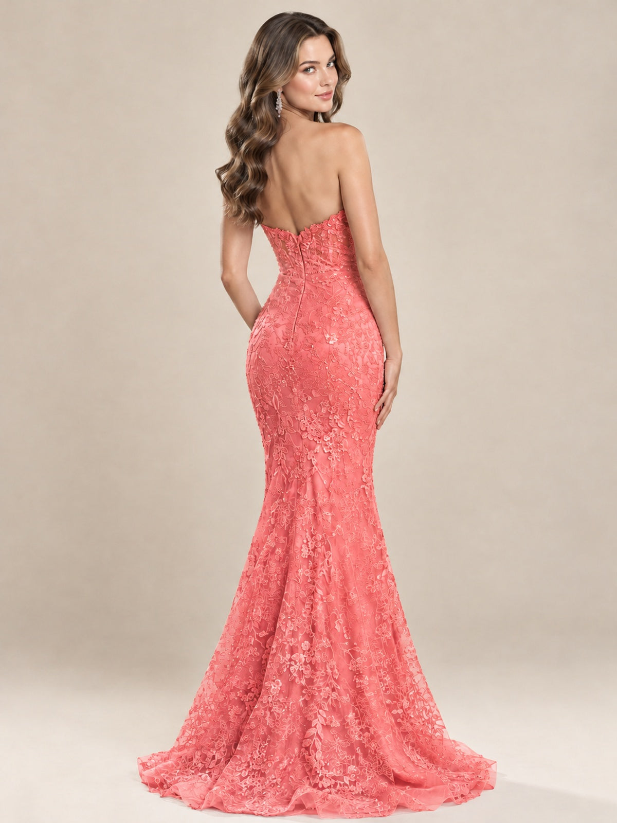 Strapless Corset Mermaid Prom Dress with Floral Lace Appliqué