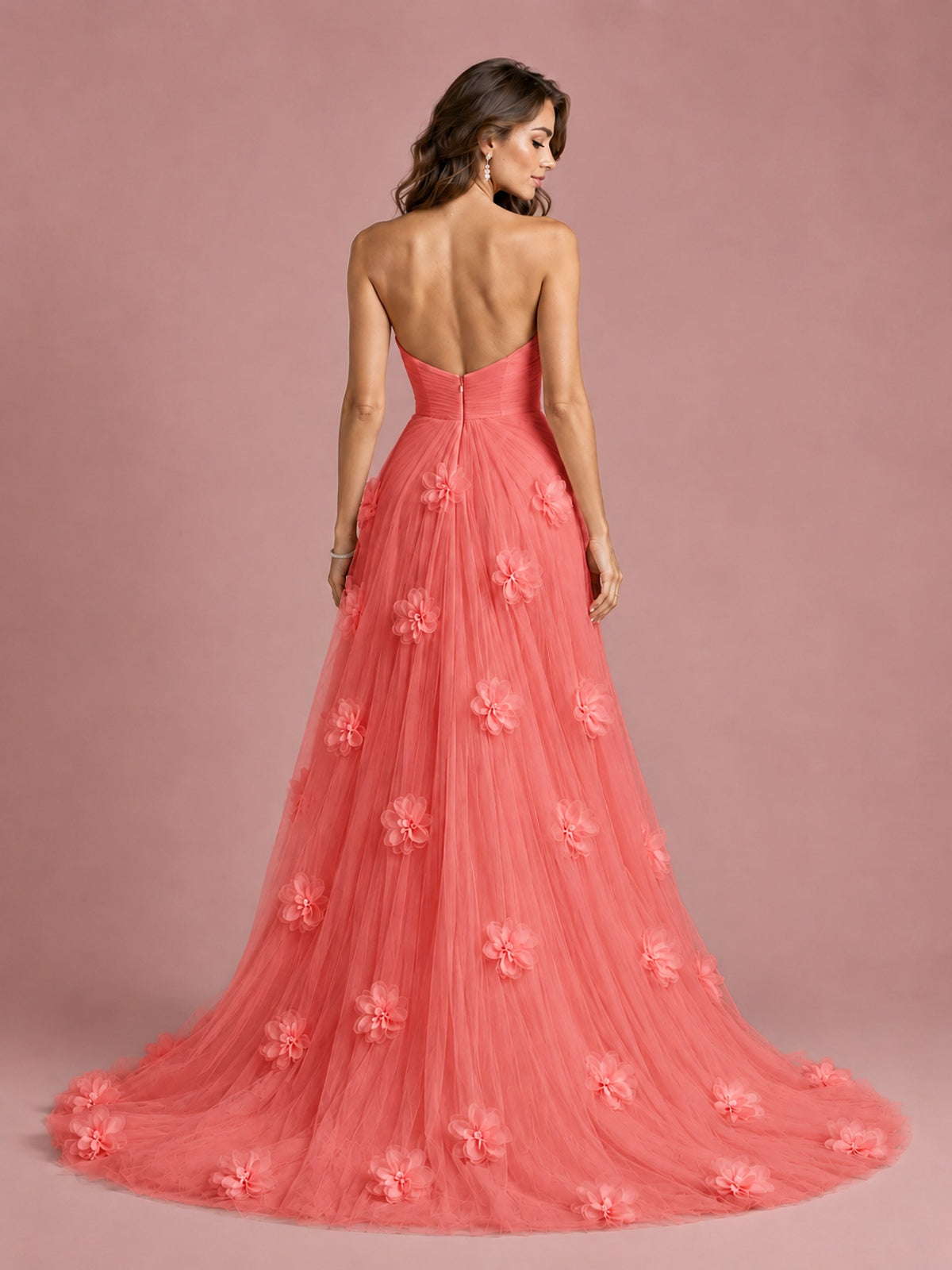 3D Floral Applique Strapless Tulle Prom Dress with High Slit