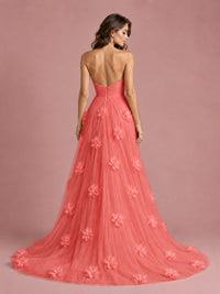 3D Floral Applique Strapless Tulle Prom Dress with High Slit