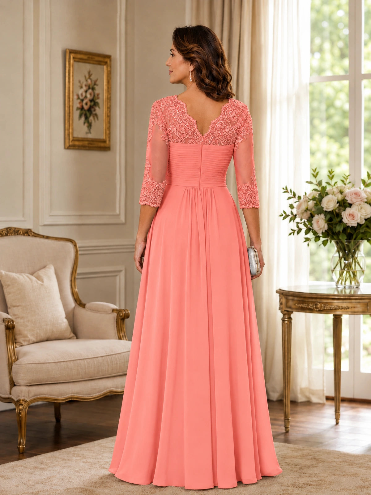 Chiffon Lace Applique Mother of the Bride Dress with 3/4 Sleeves