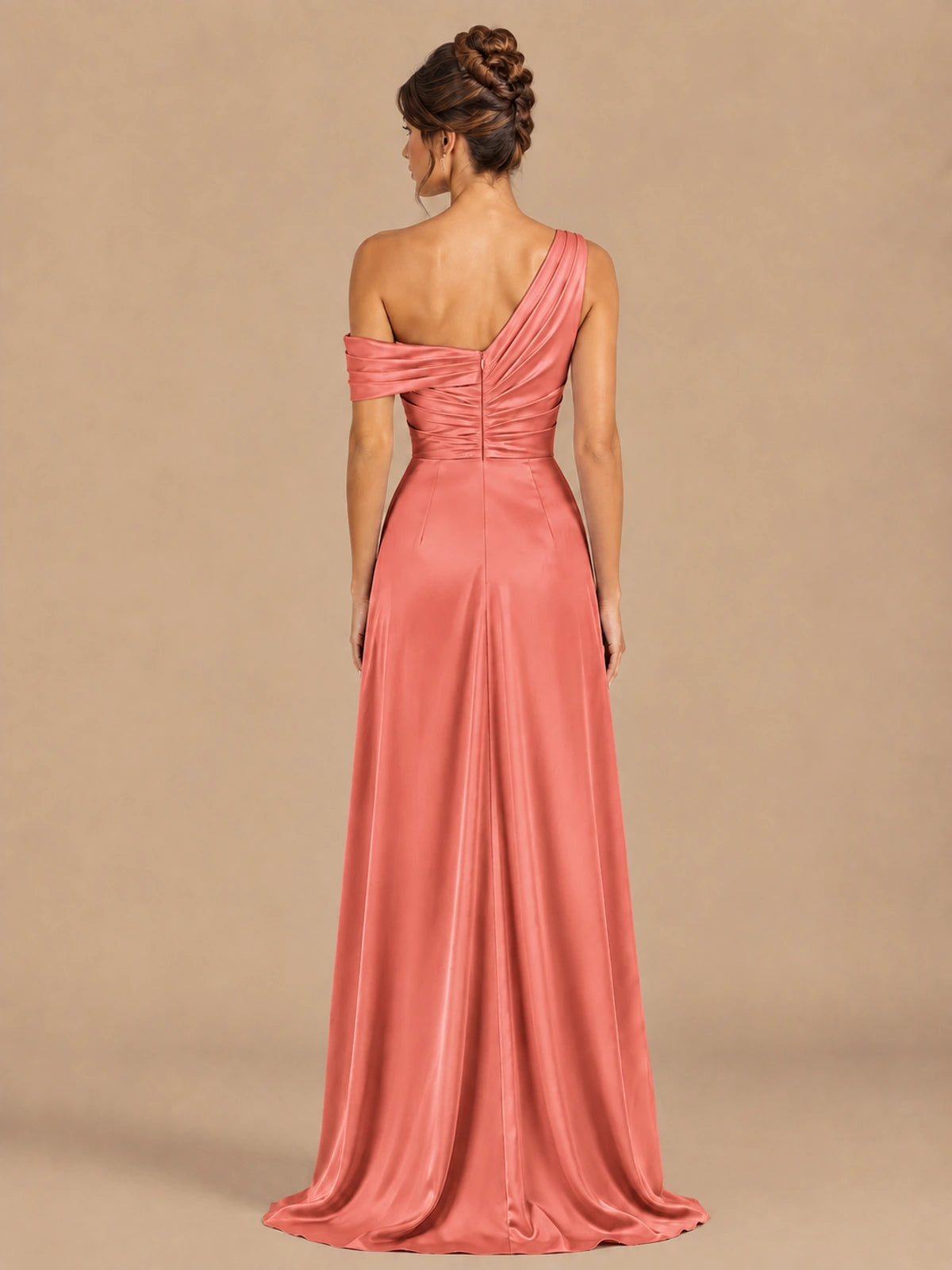 Satin One Shoulder Prom Dress Ruched Long Formal Evening Gown