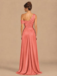 Satin One Shoulder Prom Dress Ruched Long Formal Evening Gown