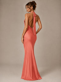 Olive Green Halter Satin Mermaid Maxi Dress