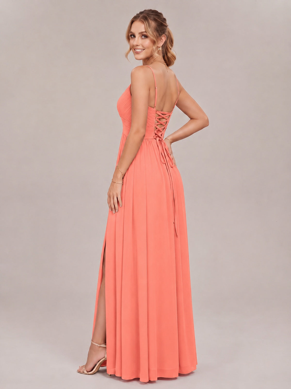 V-Neck Pleated Chiffon Long Bridesmaid Dress with Slit