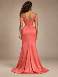 Burgundy Off-the-Shoulder Satin Corset Prom Dress with Slit