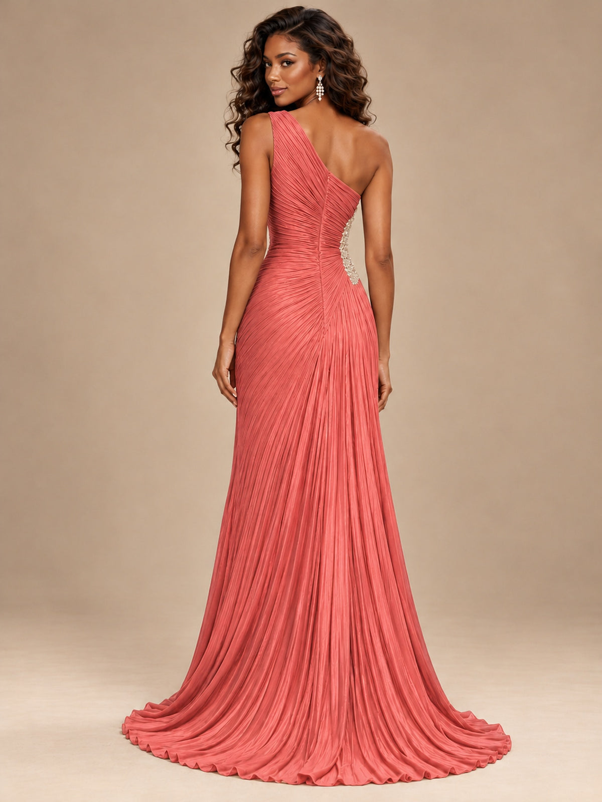Burgundy One Shoulder Ruched Prom Dress with High Slit & Beaded Waist
