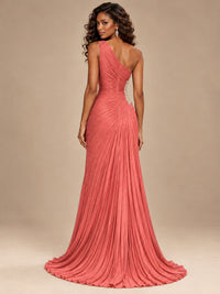 Burgundy One Shoulder Ruched Prom Dress with High Slit & Beaded Waist