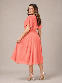 Navy Blue A-Line V-Neck Tea-Length Mother of the Bride Dress