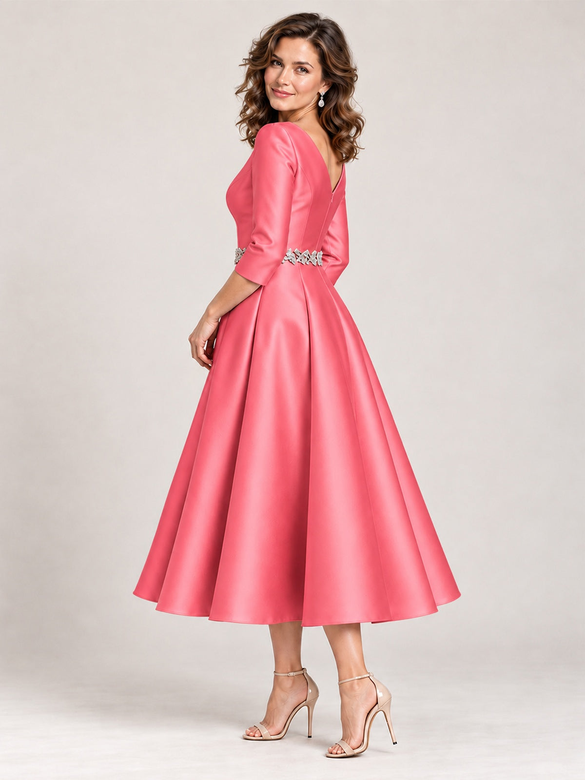V-Neck Tea-Length Mother of the Bride Dress with Embellished Waist