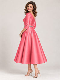 V-Neck Tea-Length Mother of the Bride Dress with Embellished Waist