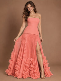 Strapless Pleated Floral Satin Formal Dress with Side Slit