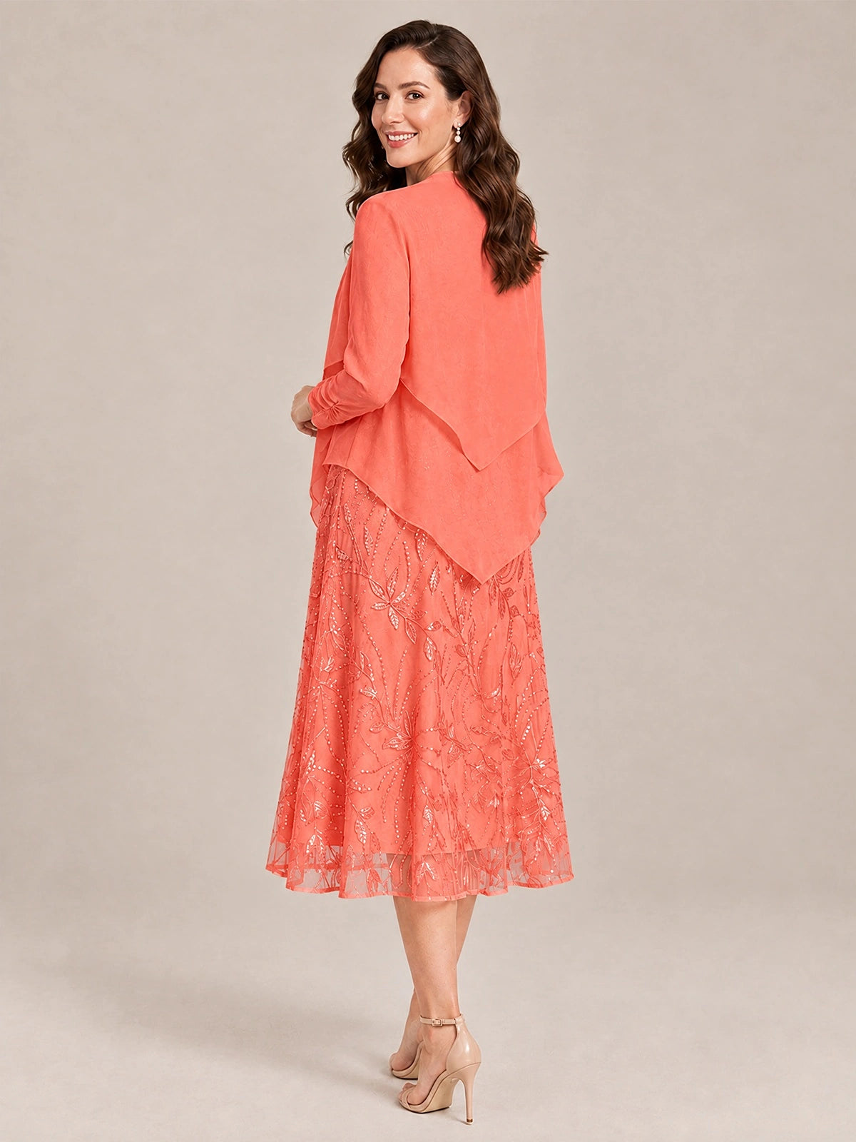 Tea Length Sequin Lace Mother of the Bride Dress with Chiffon Jacket