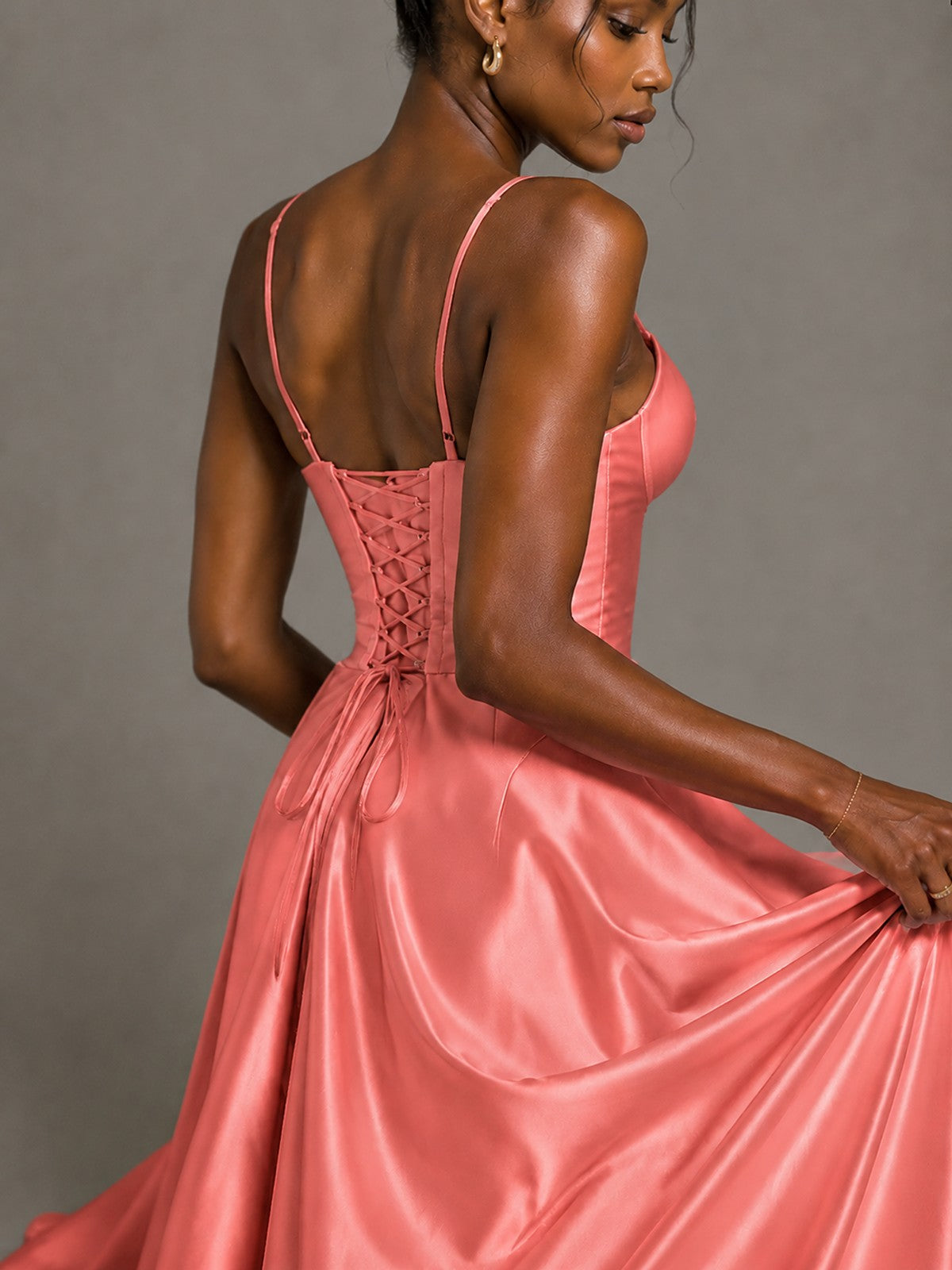 Lavender V Neck Satin Prom Dress with Spaghetti Straps