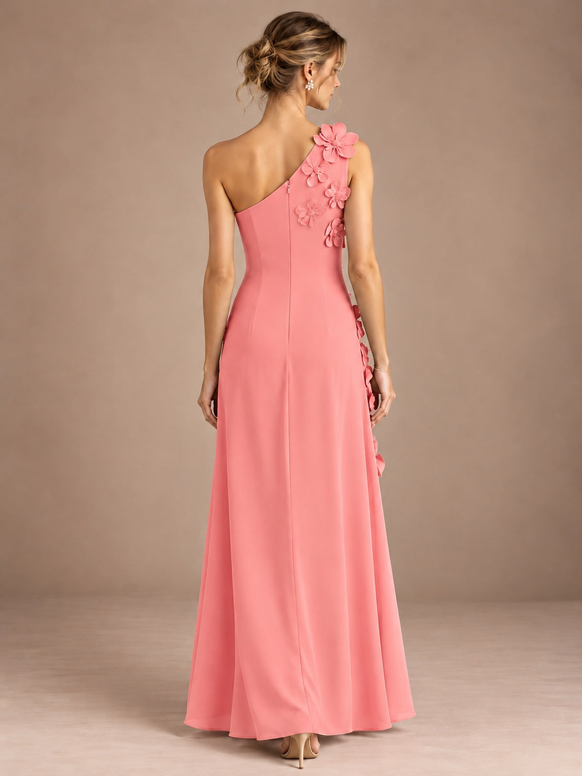 Sage Green One Shoulder Satin Formal Maxi Dress with 3D Floral