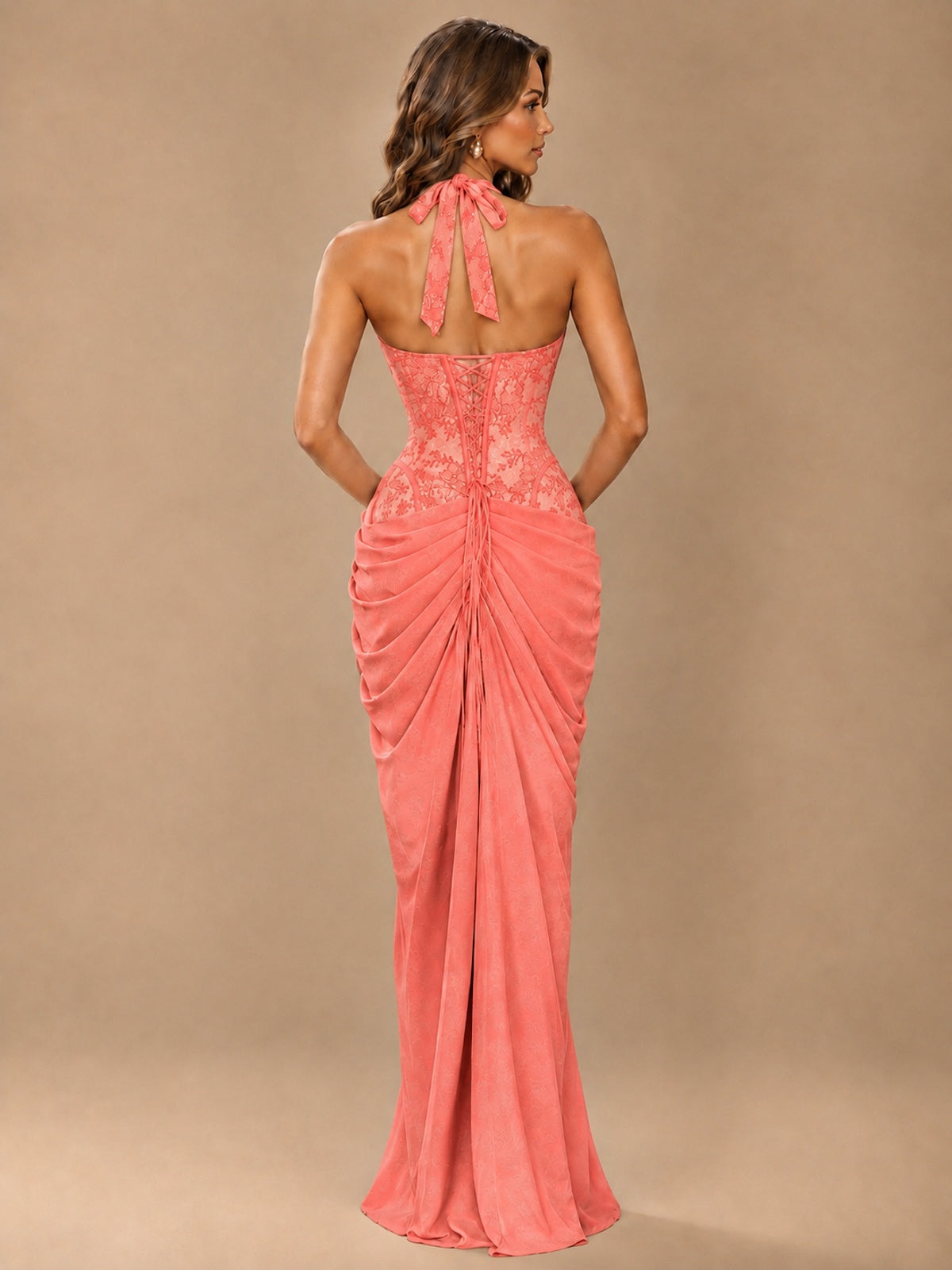 Sweetheart Halter Prom Dress Pleated Lace Floral Formal Dress with Slit