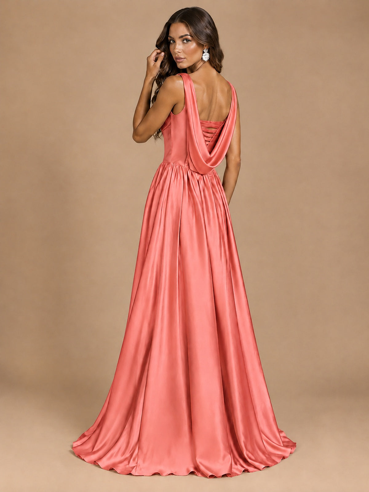 Cowl Neck Pleated Satin Prom Dress with Pockets & Slit Maxi Formal Gowns