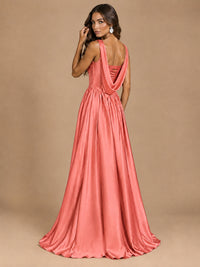 Cowl Neck Pleated Satin Prom Dress with Pockets & Slit Maxi Formal Gowns