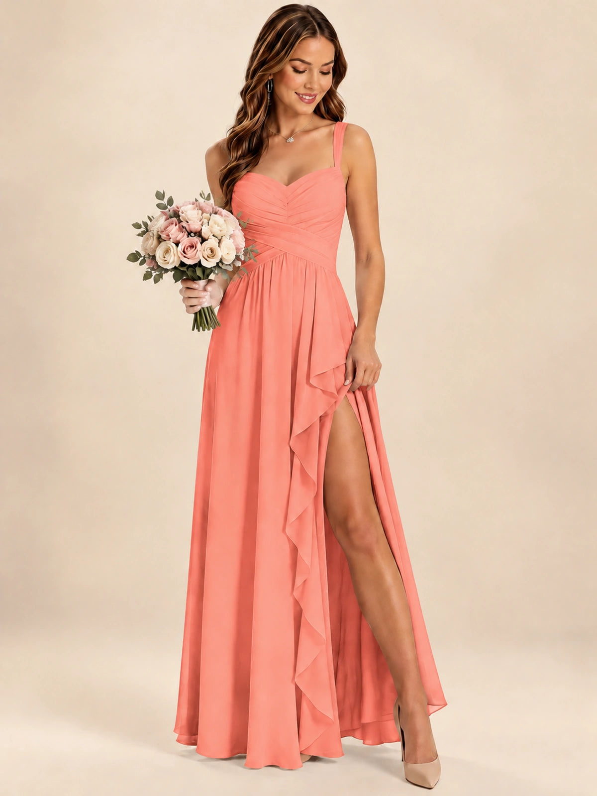 Spaghetti Straps Pleated Chiffon Bridesmaid Dress with Ruffle Slit