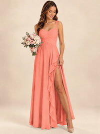 Spaghetti Straps Pleated Chiffon Bridesmaid Dress with Ruffle Slit