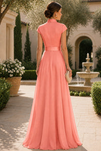 V Neck Cap Sleeve A-Line Floor-Length Satin Bridesmaid Dress