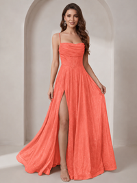 Sparkly Cowl Neck Corset Long Prom Dress with Slit A-line Tulle Ball Gown