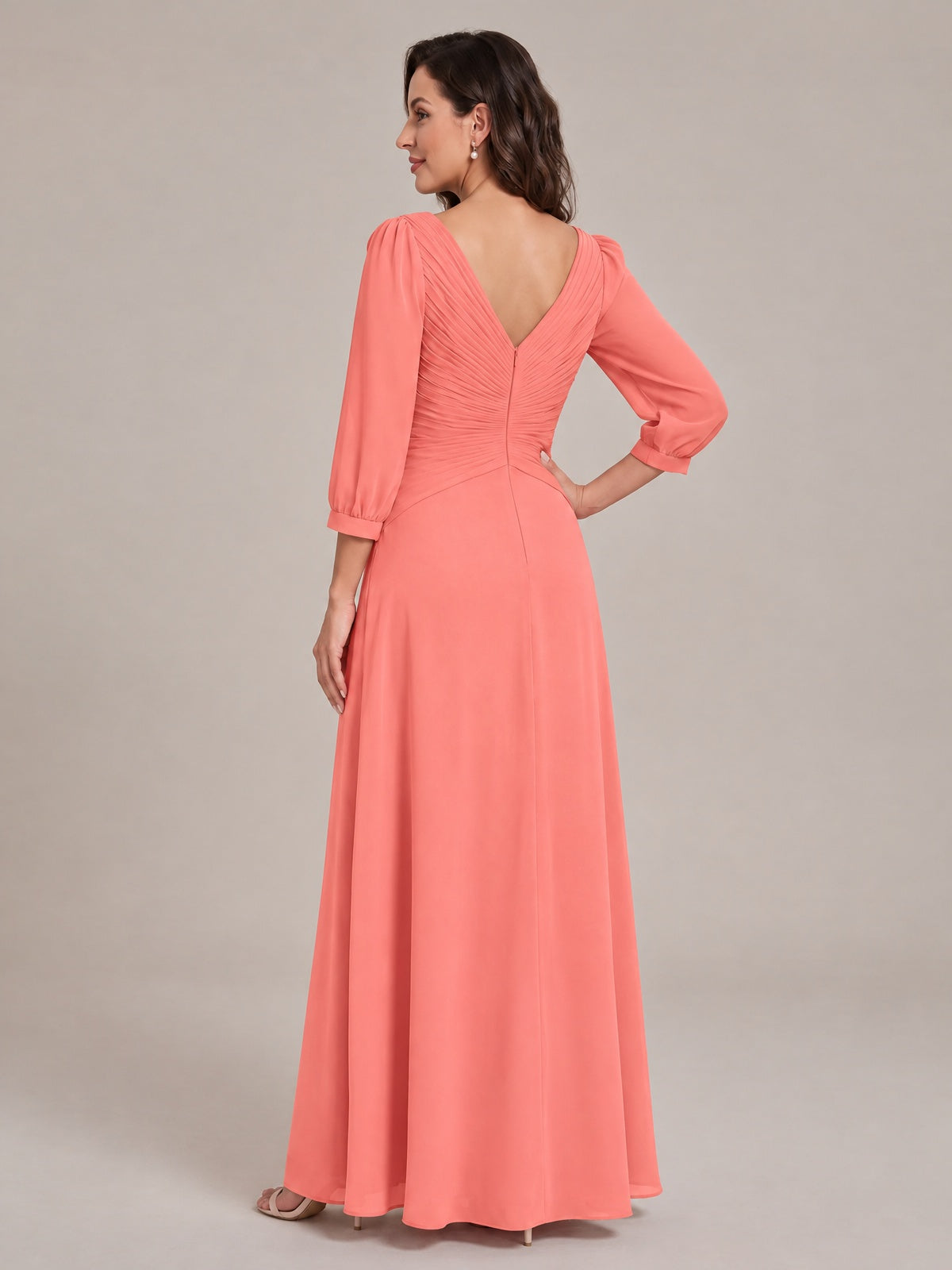 V-Neck Pleated Chiffon Mother of the Bride Dress with Flutter Sleeves