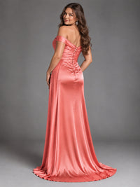 Off Shoulder Satin Maxi Dress with Slit