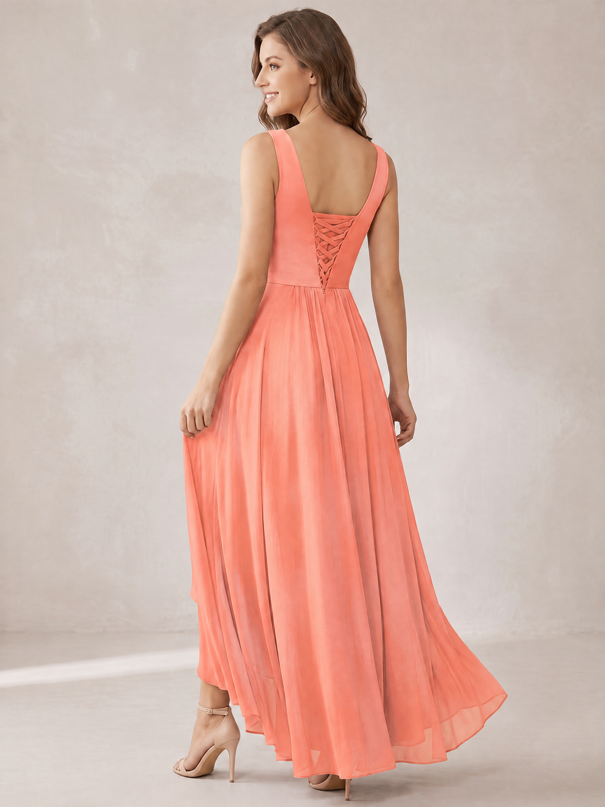 V-Neck High-Low Chiffon Bridesmaid Dress with Ruffles