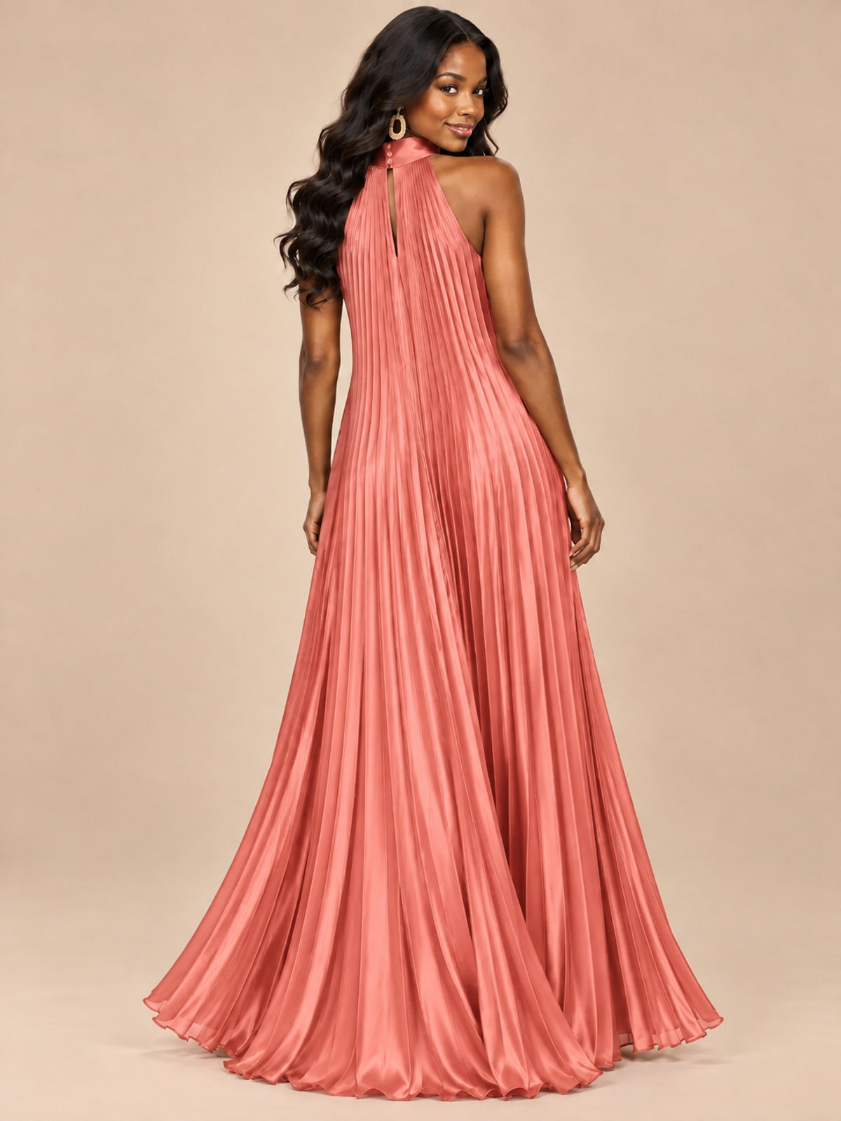 Rust Orange Pleated Halter Neck Maxi Dress