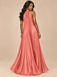 Rust Orange Pleated Halter Neck Maxi Dress
