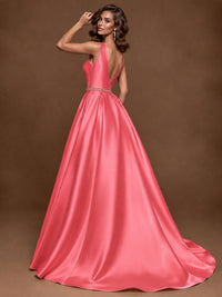Satin A-Line Prom Dress Sleeveless Beaded Waist Formal Gown with Pockets