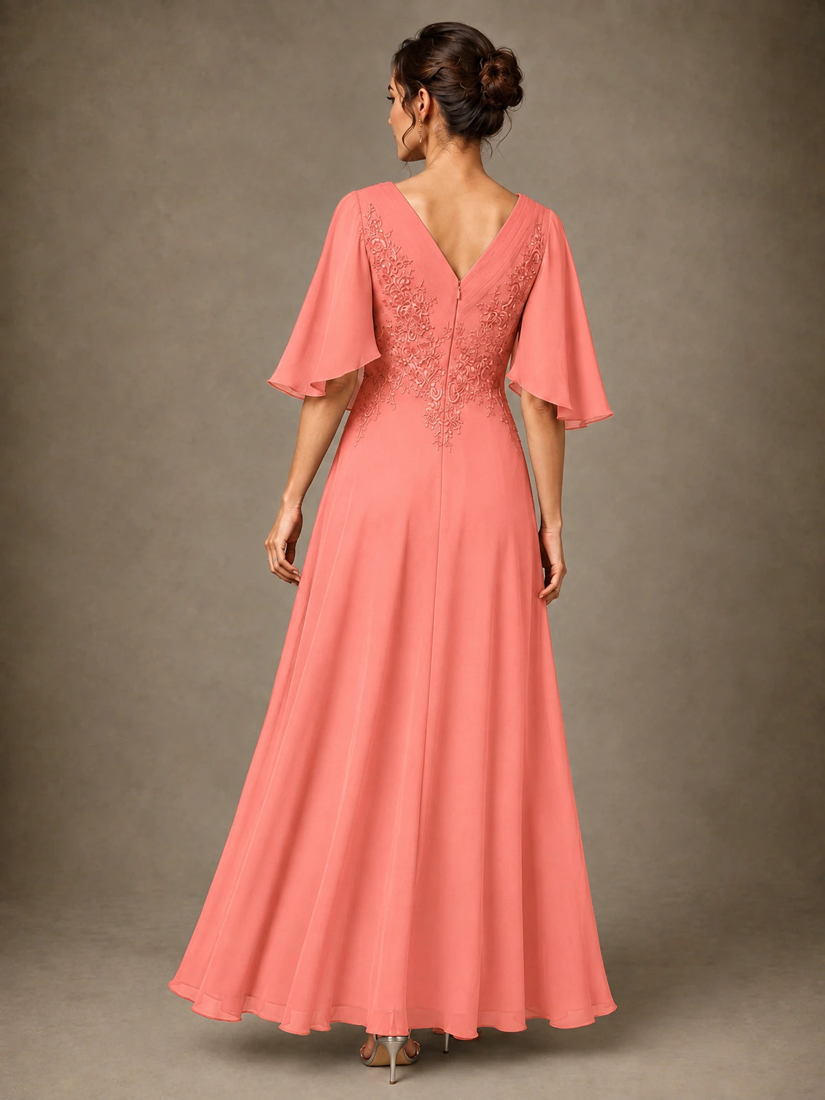V-Neck Chiffon Lace Mother of the Bride Dress with Flutter Sleeves