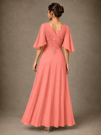 V-Neck Chiffon Lace Mother of the Bride Dress with Flutter Sleeves