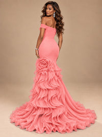 Dusty Blue Off-the-Shoulder Mermaid Prom Dress with 3D Rose & Ruffles