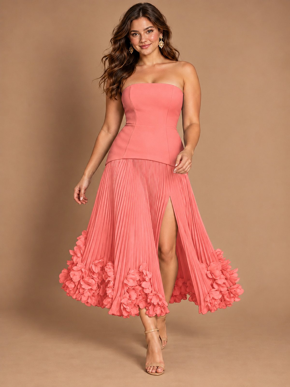 Navy Blue Strapless Pleated A-Line Midi Dress with 3D Floral Applique