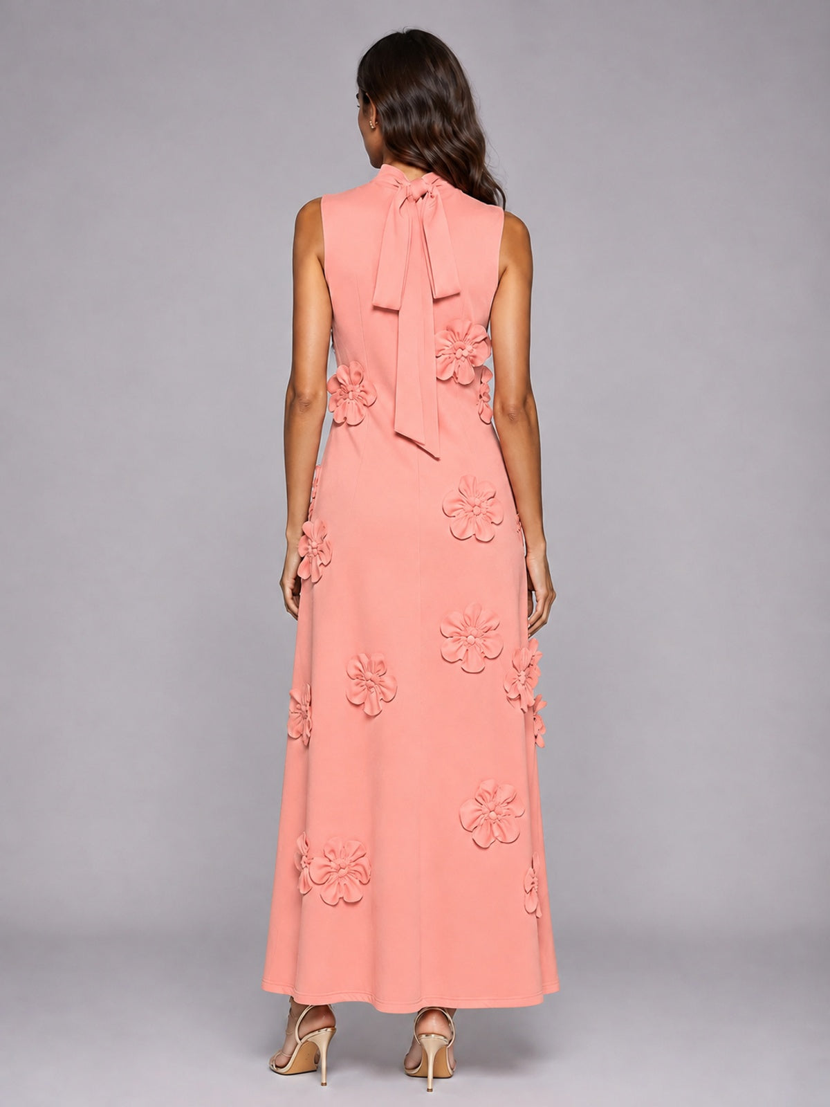 3D Floral Applique High Neck Prom Maxi Dress