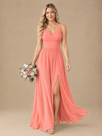 Pleated Chiffon V Neck Wedding Bridesmaid Dresses Floor Length with Slit