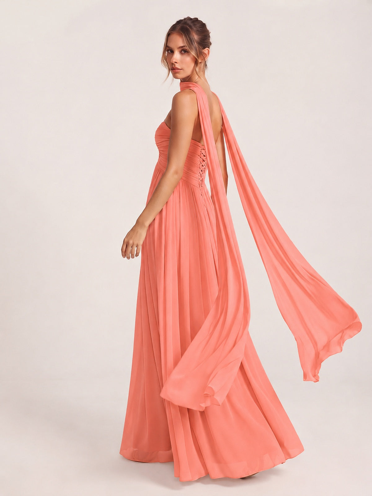Strapless Ruched Chiffon Long Prom Dress with Scarf