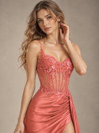 Mermaid Satin Prom Dress with Floral Appliqué Corset and High Slit
