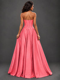 Draped Satin Prom Dress Strapless A-line Formal Dress Floor Length