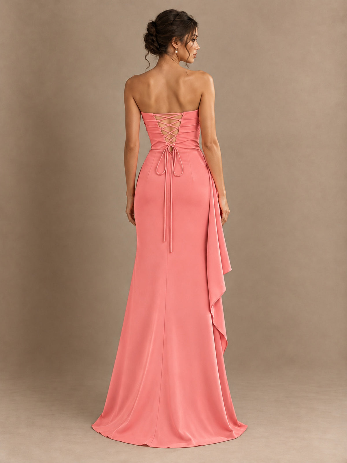 Black and White Strapless Ruched Prom Dress with High Slit & Side Drape