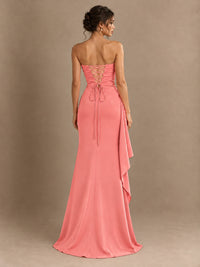 Black and White Strapless Ruched Prom Dress with High Slit & Side Drape