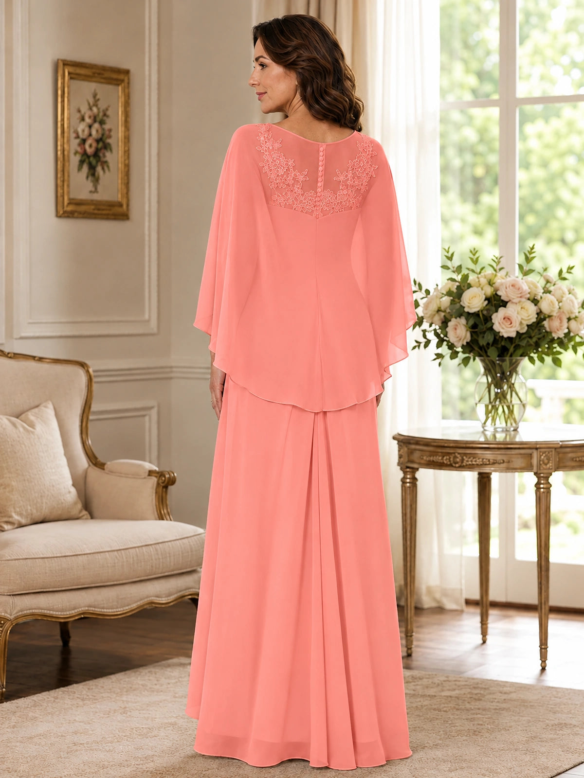 Elegant Chiffon Mother of the Bride Dress with Lace Applique and Cape Sleeves