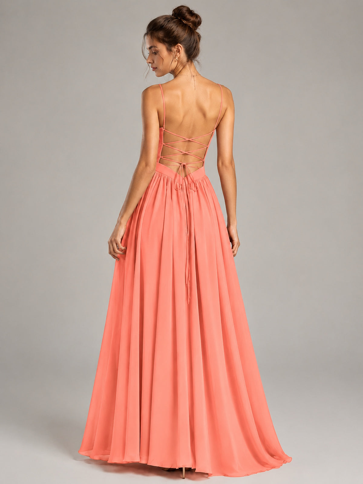 Spaghetti Strap Ruched Chiffon Maxi Dress with Backless