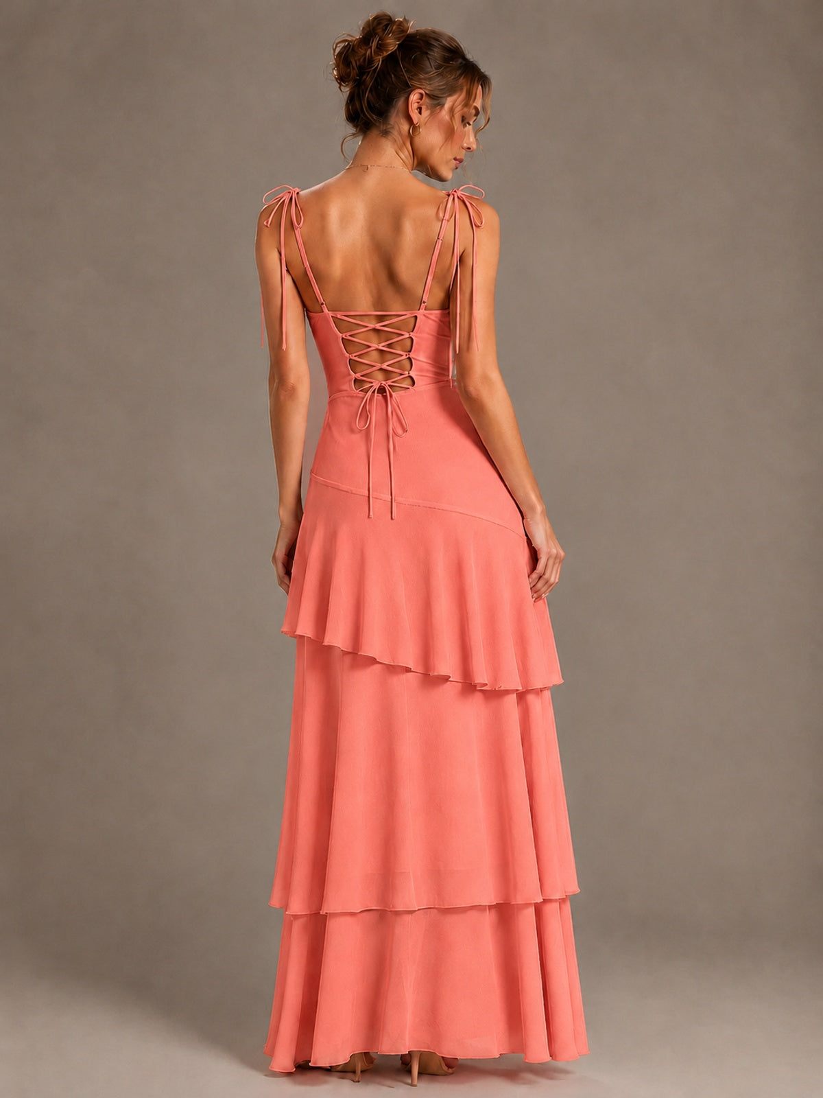 Spaghetti Strap Tiered Ruffles Chiffon Prom Dress