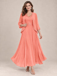 Dusty Blue Floral Lace Chiffon Mother of the Bride Dress with Jacket