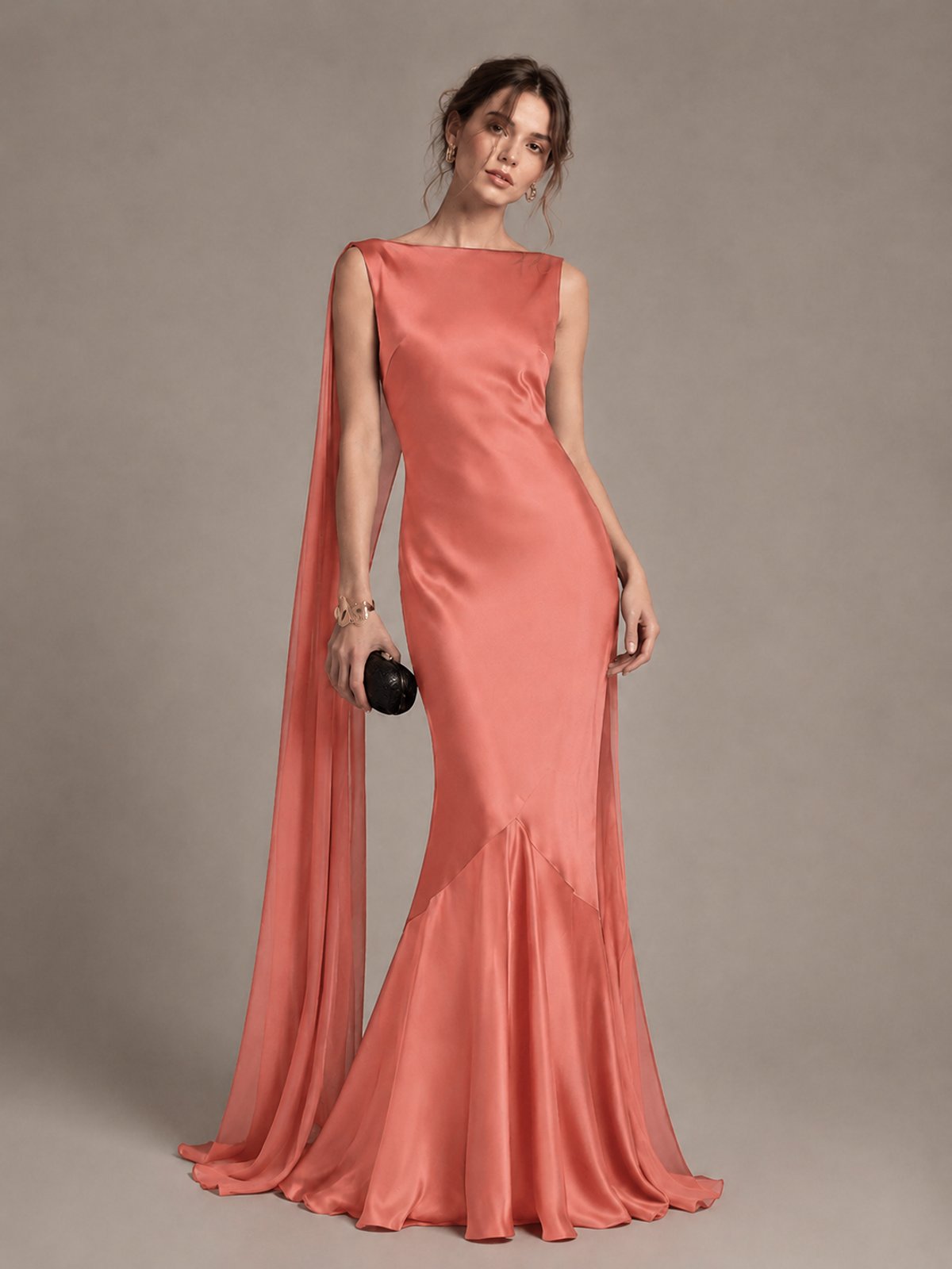 Burgundy Satin Mermaid Cape Maxi Dress