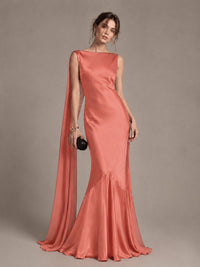 Burgundy Satin Mermaid Cape Maxi Dress