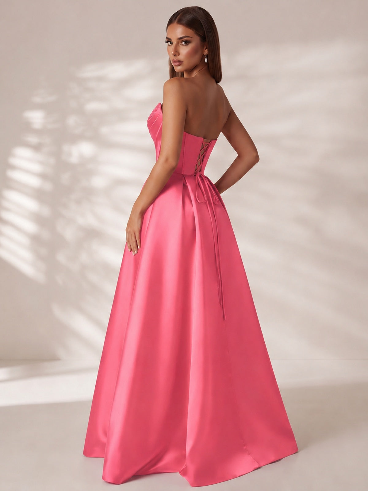 Strapless Corset Satin Prom Dress Long Evening Gown with High Slit